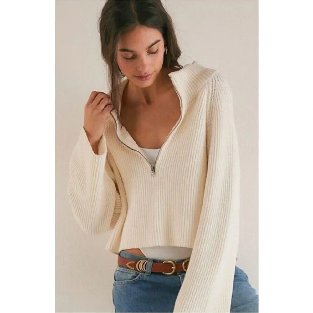 NEW Free People Sugar Ivory Greta Half Zip Pullover Sweater Sz XL NWOT
